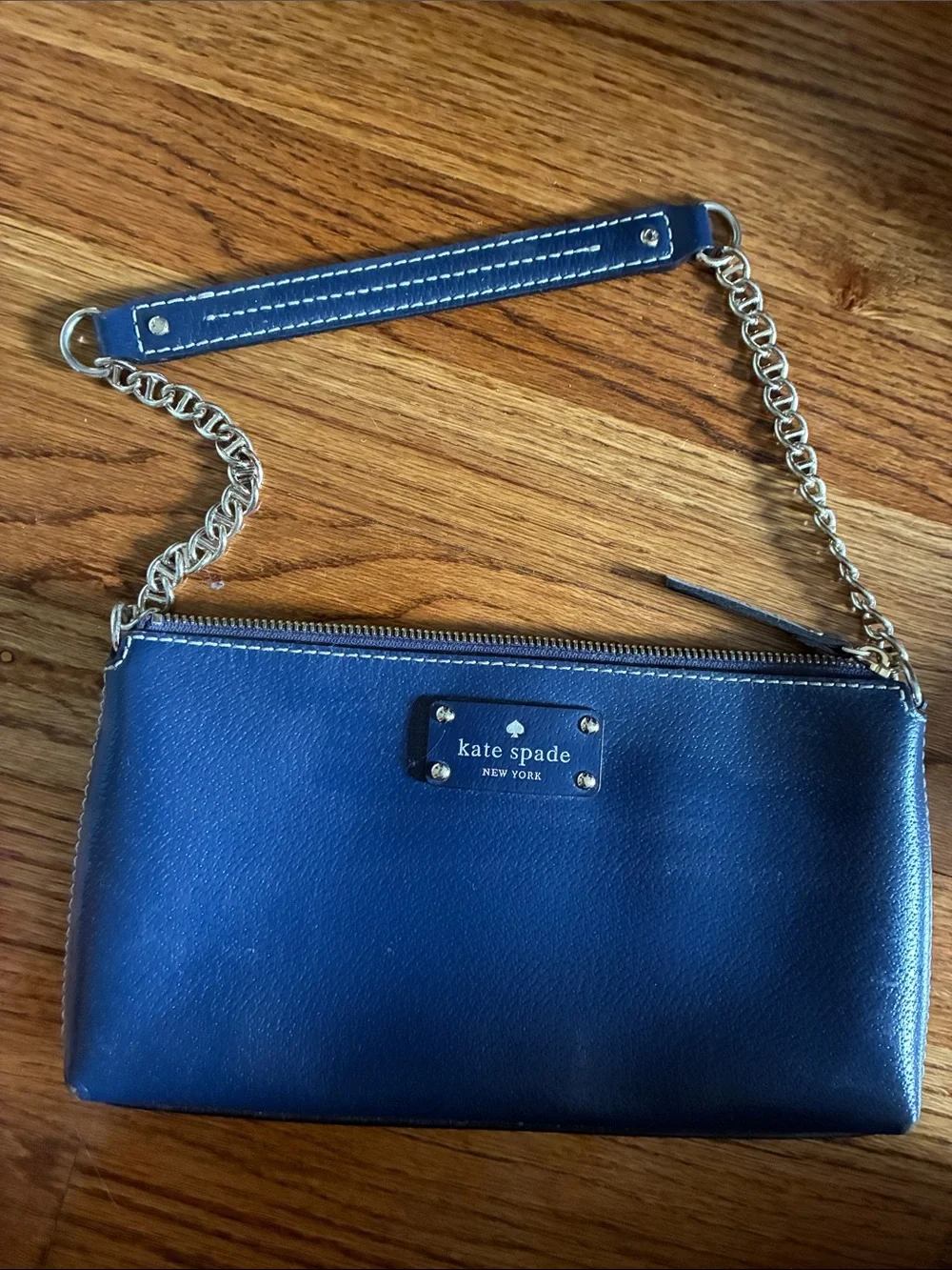 kate spade navy leather chain strap wristlet with gold hardware